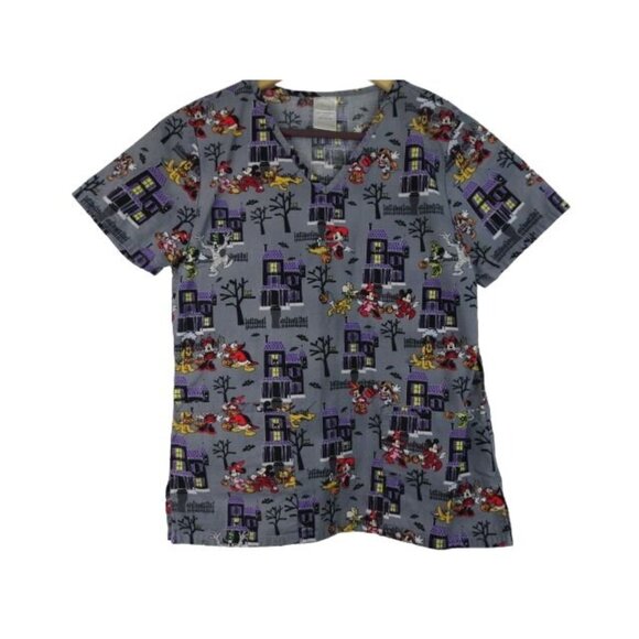 Disney Tops - Disney Halloween Scrub Top Size XS Mickey Minnie Goofy Trick or Treating Shirt